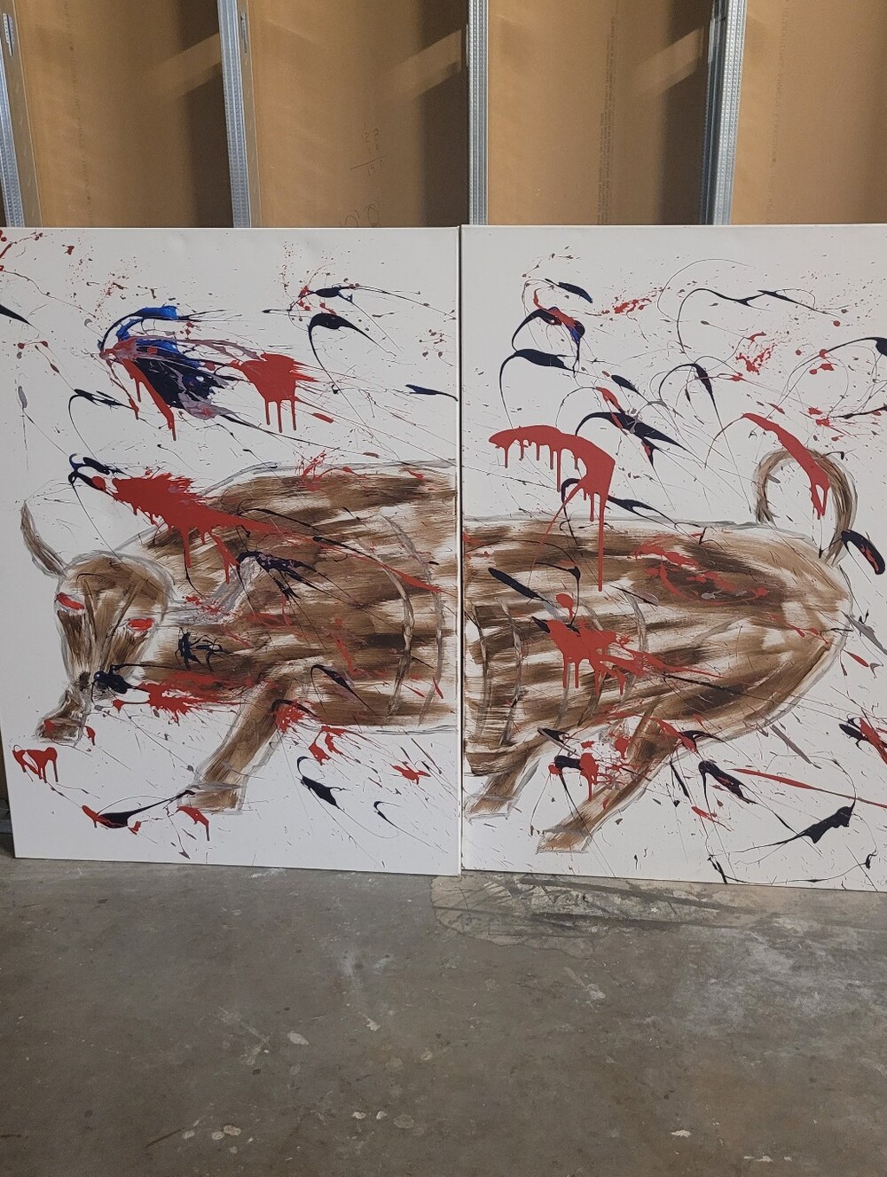 Abstract Drip Diptych Canvas Art Bull in White, Brown, Red, Navy 3'x4'